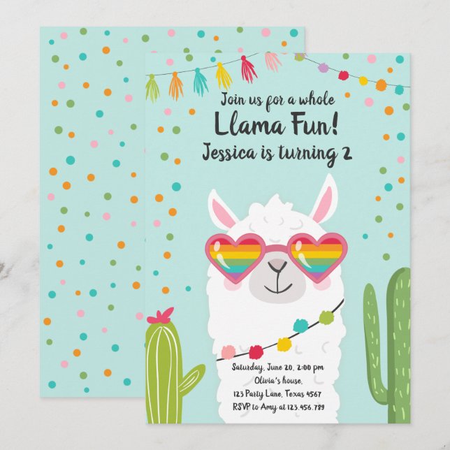 Llama Fiesta Heart Sunglasses Birthday bjudande Inbjudningar (Fram/baksida)