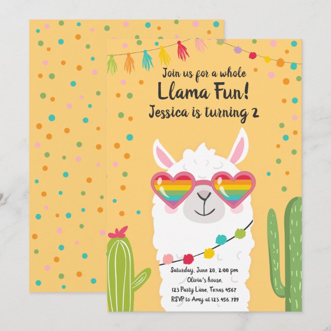Llama Fiesta Heart Sunglasses Birthday bjudande Inbjudningar (Fram/baksida)