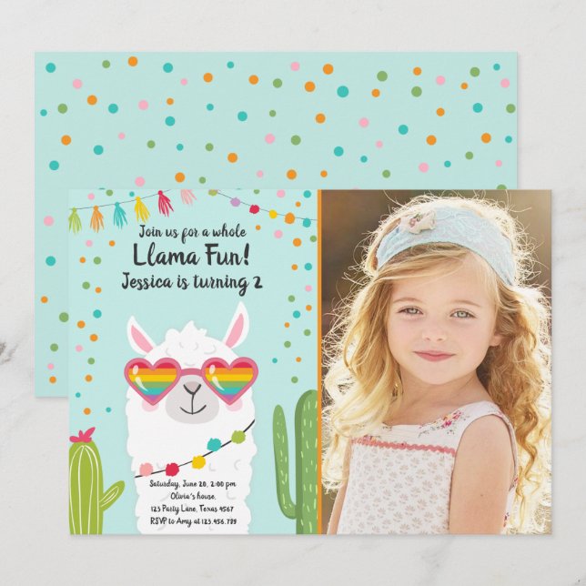 Llama Fiesta Heart Sunglasses Birthday bjudande Inbjudningar (Fram/baksida)