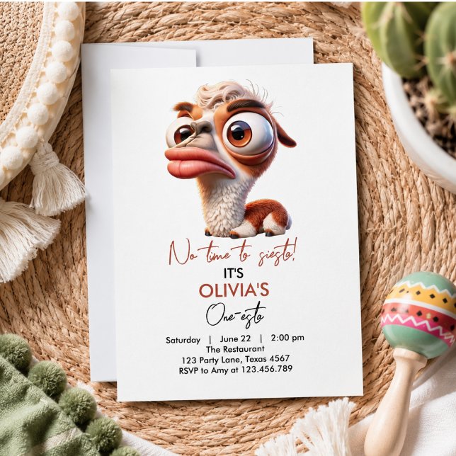 Llama Fiesta Rolig Karikatyr 1-årsdag Inbjudningar (Llama Fiesta Funny Caricature 1st Birthday Invitation)