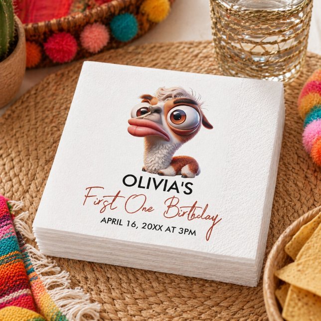 Llama Fiesta Rolig Karikatyr 1-årsdag Pappersservett (Llama Fiesta Funny Caricature 1st Birthday Napkins)