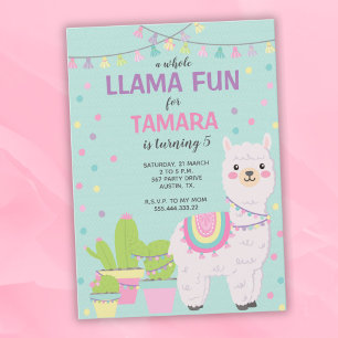 Llama-födelsedag, roligt-lama, alpreadag, flicka inbjudningar