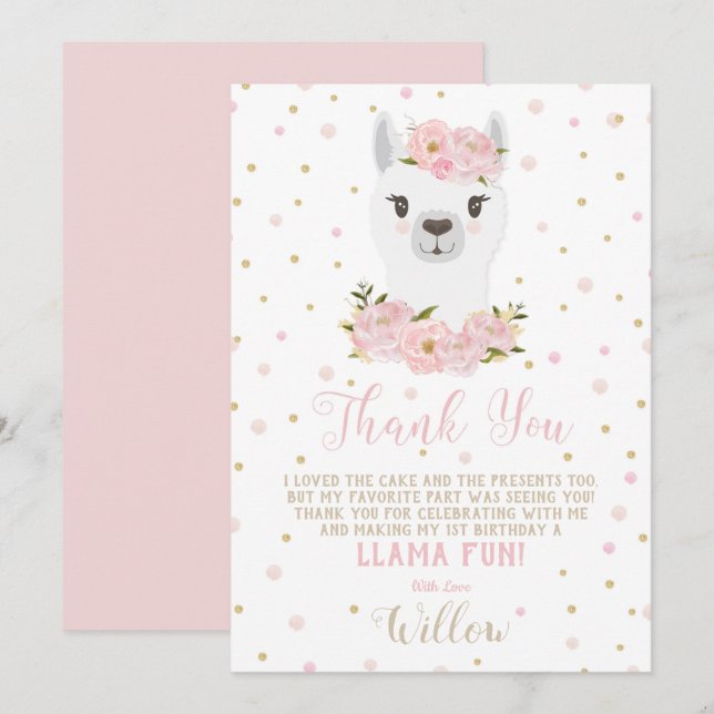 Llama Födelsedag Tack Kort Blush Blommig Flicka (Fram/baksida)
