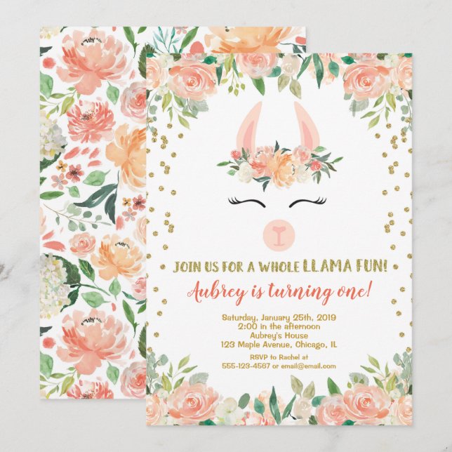 Llama födelsedagsfest, blommigt guld glitter flick inbjudningar (Fram/baksida)