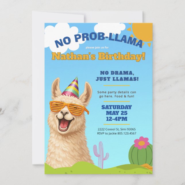Llama Födelsedagsfest Inbjudan, Inget Prob-Llama Inbjudningar (Framsida)