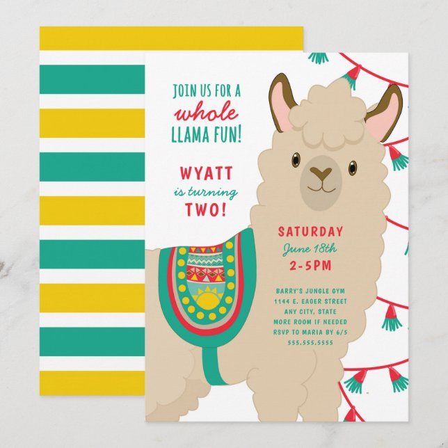 Llama födelsedagsfest inbjudan, neutralt gender inbjudningar (Fram/baksida)