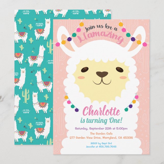 Llama-födelsedagsinbjudan. Rosa alpaca inbjudan (Fram/baksida)
