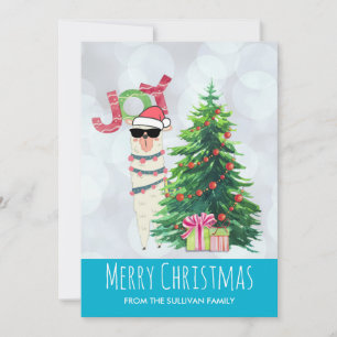 Llama för jul för glädjetypografi   bak ett träd julkort
