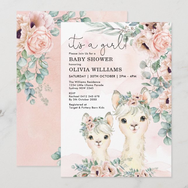 Llama Girl Baby Shower  Blommigt Eucalyptus Inbjudningar (Fram/baksida)
