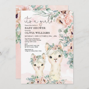 Llama Girl Baby Shower  Blommigt Eucalyptus Inbjudningar