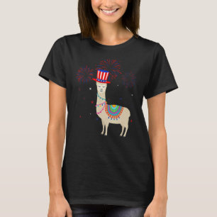 Llama Graphic Rött vitt blått Fireworks Decor 4th T Shirt