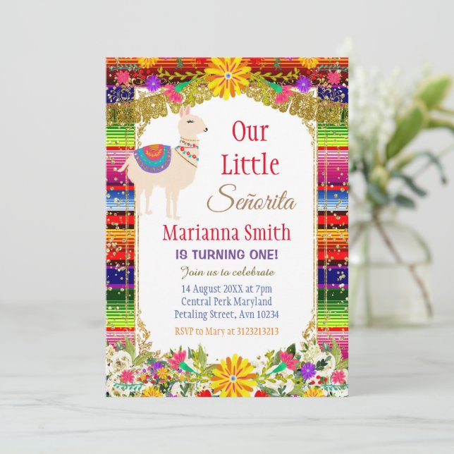 Llama Guld Colorful Mexican Fiesta Birthday Inbjudningar (Stående Fram)
