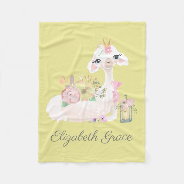 Llama Gult och White med Flowers Baby Blanket Fleecefilt (Framsidan)