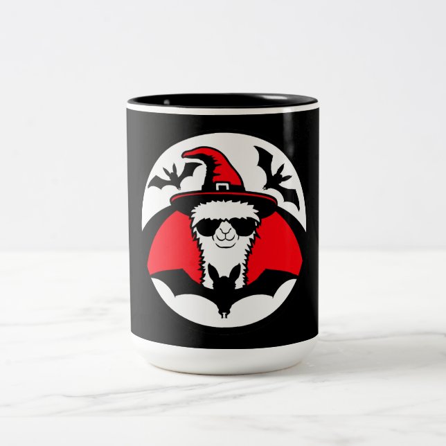 Llama Halloween Häxa Hatt Fladdermöss Cool Djurfes Två-Tonad Mugg (Center)