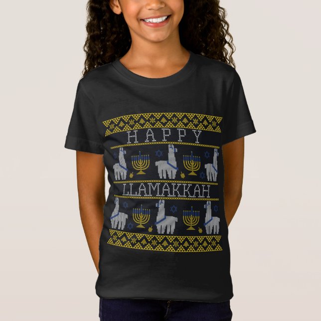 Llama Hanukkah Funny Ugly Julsötare Lycklig T Shirt (Framsida)