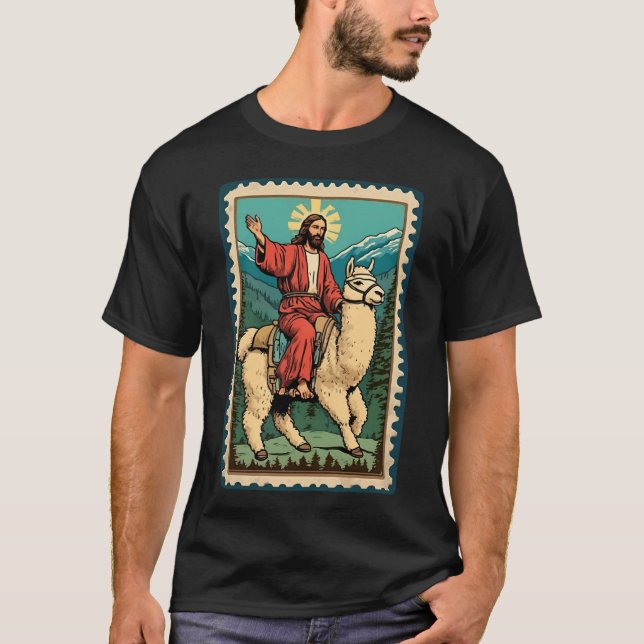 Llama, Herny Jesus Riding Alpaca Kristus Pride Lla T Shirt (Framsida)