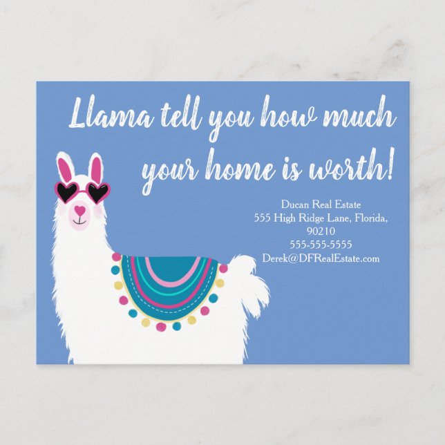 Llama Home Value Mailer Fastighetsmäklare Marknads Vykort (Framsida)