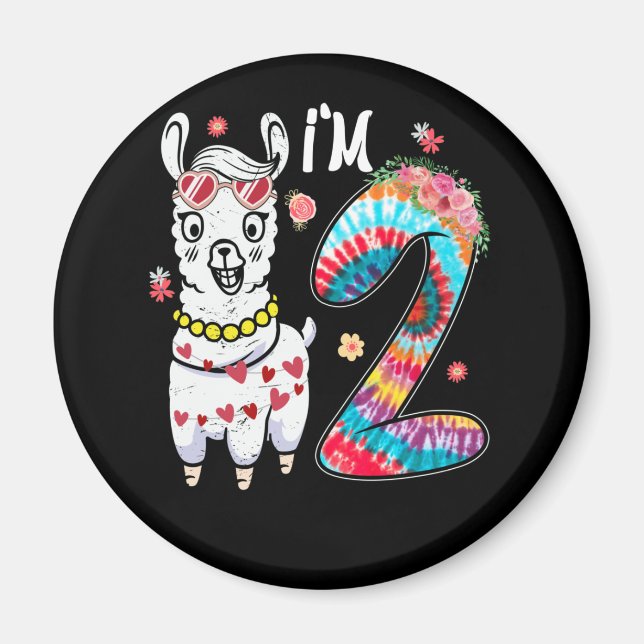 Llama I är 2 år gammal 2:a födelsedagen Tie Dye Fa Magnet (Framsidan)