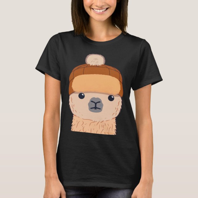 Llama in Winter Hat Cute Character T Shirt (Framsida)