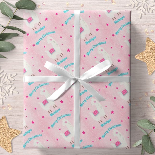 llama jul Rosa Snö Stjärnor Personlig Presentpapper (Skapare uppladdad)