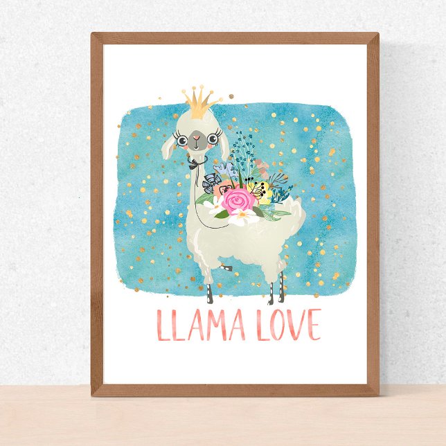 Llama Kärlek Krona Vattenfärg Söt Kawaii Bedårande Poster (Skapare uppladdad)