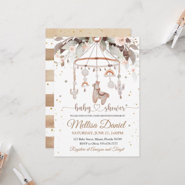 Llama Leksak Boho inbjudan Baby Shower Alpak Boho (Fram/Back In Situ)