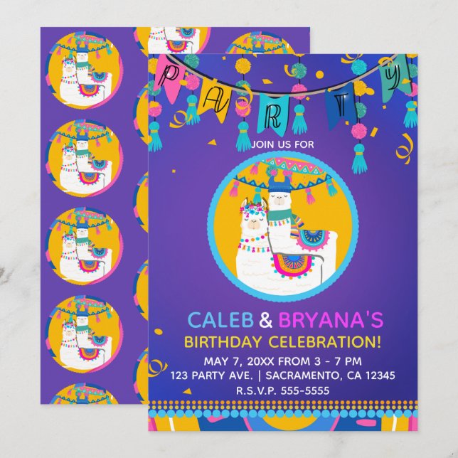 Llama Lila Blå Gul Färgglad Födelsedagsfest Inbjudningar (Fram/baksida)