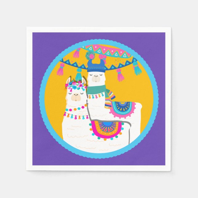 Llama Lila Blå Gul Färgglad Födelsedagsfest Pappersservett (Framsidan)