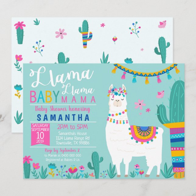 Llama Llama Baby Mamma Baby Shower-inbjudan Inbjudningar (Fram/baksida)