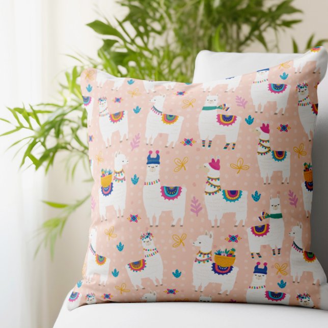 Llama Llama Cute Llama Mönster på Rosa Kudde (You'll stand out from the herd with this eye catching Llama pattern pillow.)
