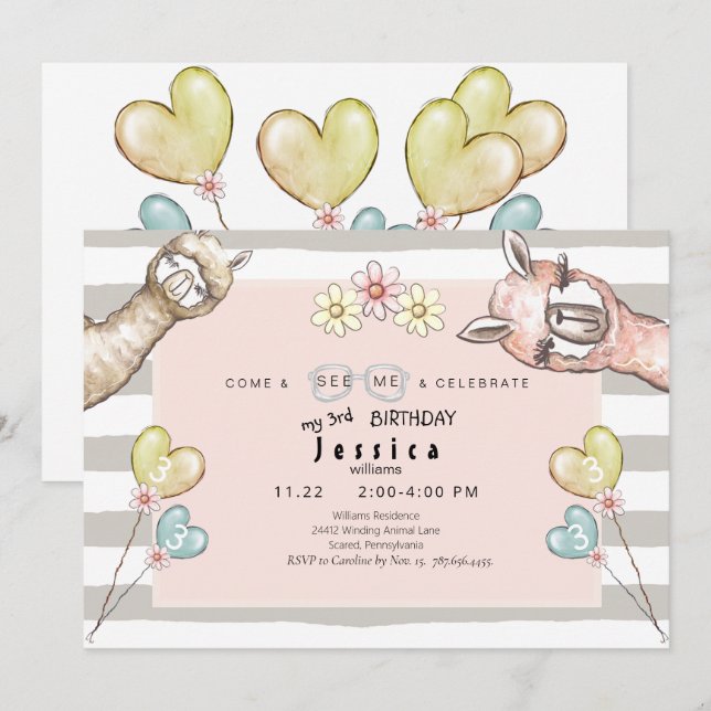 Llama llama Girl's Födelsedagsfest inbjudan (Fram/baksida)