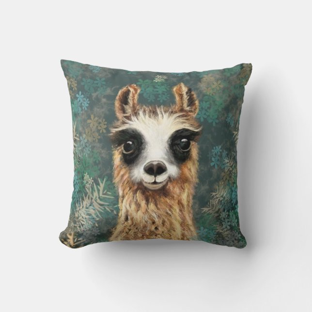 Llama, Llama, Llama, Dekorativ kudde med Nyfiken  (Framsida)