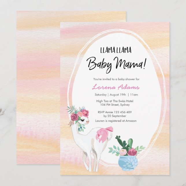 Llama Llama Mamma Baby Shower-inbjudan Inbjudningar (Fram/baksida)