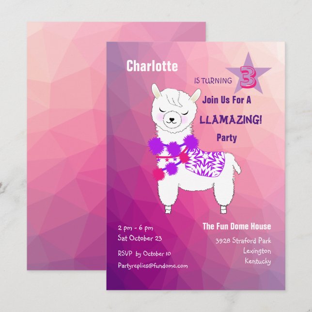 Llama Llamazing Girls Cute Birthday Party Inbjudningar (Fram/baksida)