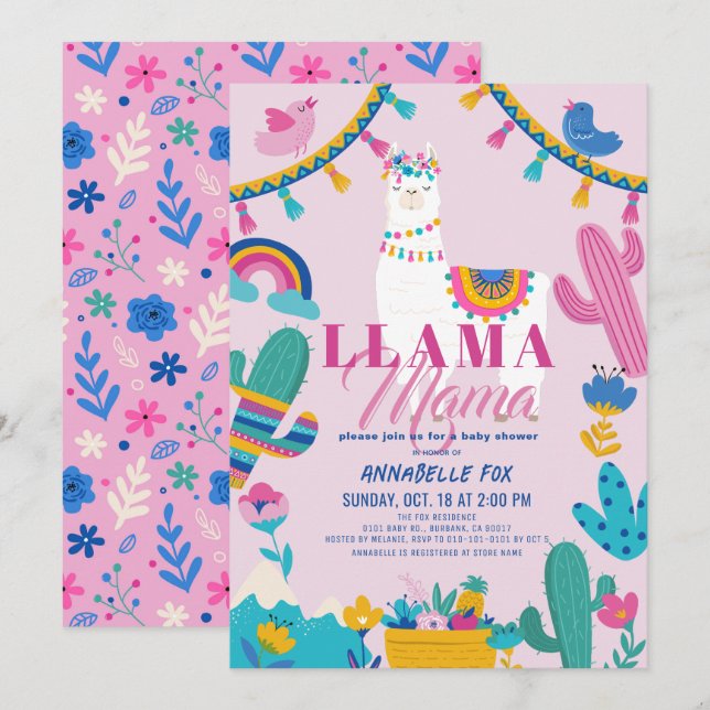 Llama Mamma Alpaca Cactus Girl Rosa Baby Shower Inbjudningar (Fram/baksida)
