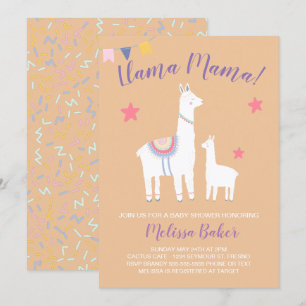 Llama Mamma Baby Llama Peach Lila Baby Shower Inbjudningar