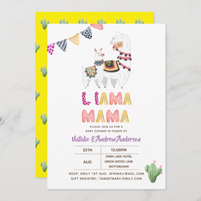 Llama Mamma Baby Shower Fiesta Cacti Cute Girls Inbjudningar (Fram/baksida)