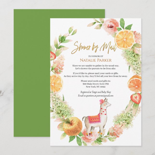 Llama Mamma Blommigt Greenery Baby Shower by Mail Inbjudningar (Fram/baksida)