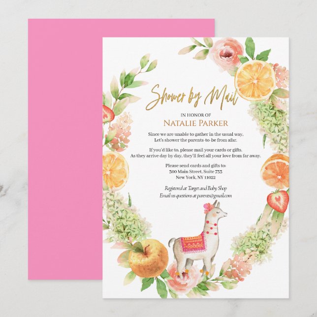 Llama Mamma Blommigt Greenery Baby Shower by Mail Inbjudningar (Fram/baksida)