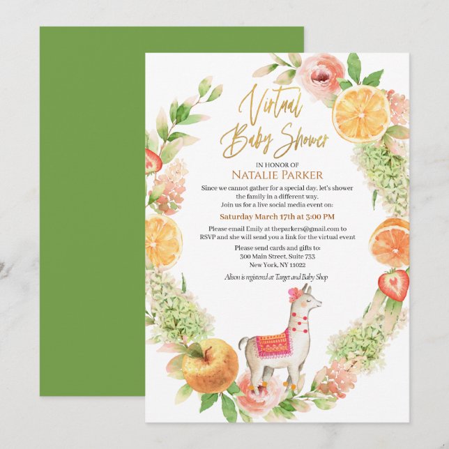 Llama Mamma Blommigt Greenery Virtuell Baby Shower Inbjudningar (Fram/baksida)