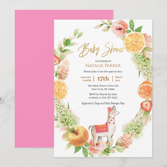 Llama Mamma Citrus Blommigt Greenery Baby Shower Inbjudningar (Fram/baksida)
