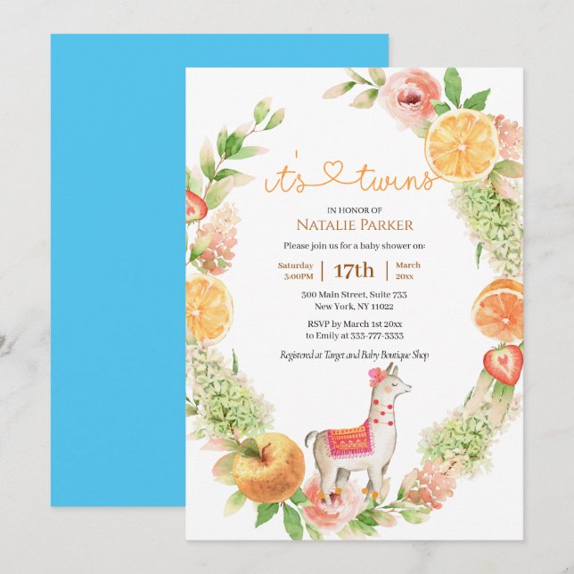 Llama Mamma Citrus Greenery Twin Boys Baby Shower Inbjudningar (Fram/baksida)
