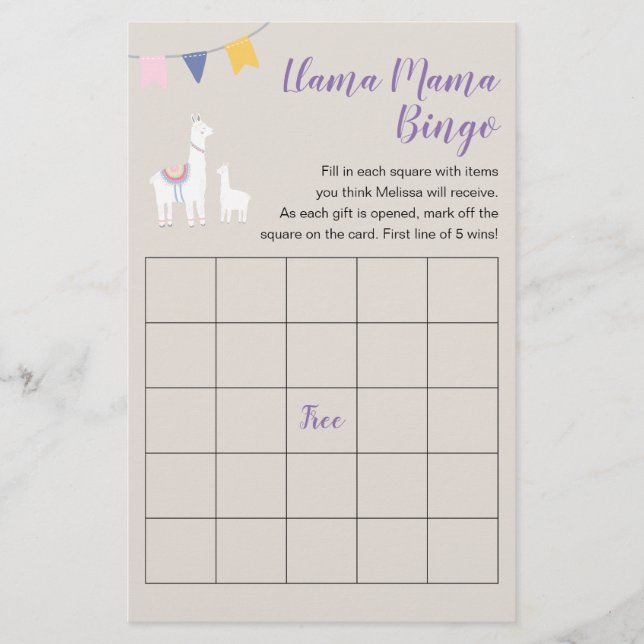 Llama Mamma Cute Baby Shower Bingo Game Flygblad (Framsidan)