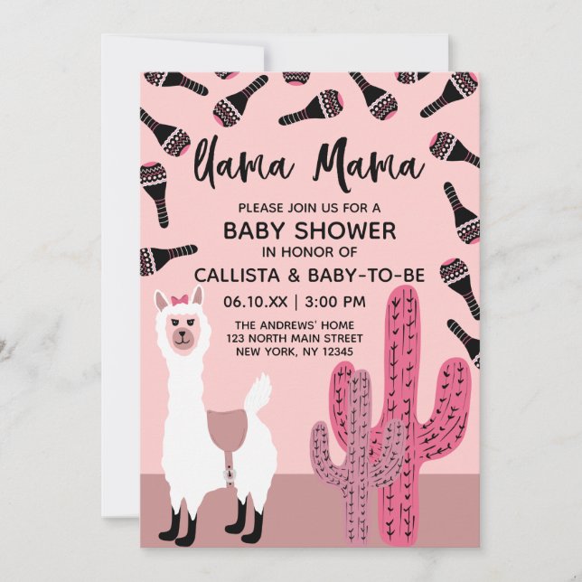 Llama Mamma Rosa Cute Cactus Maraca Baby Shower Inbjudningar (Framsida)