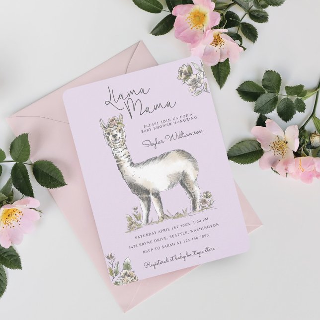 Llama mamma Watercolor Llama Sketch Baby Shower in Inbjudningar (Llama Mamma Watercolor Llama Sketch Baby Shower In Invitation)