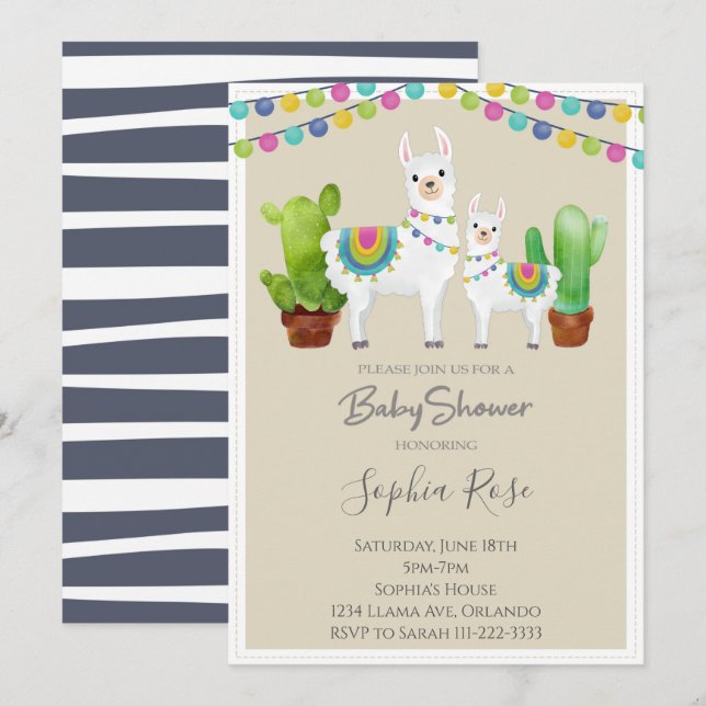 Llama med Cactus Baby Shower Inbjudan (Fram/baksida)