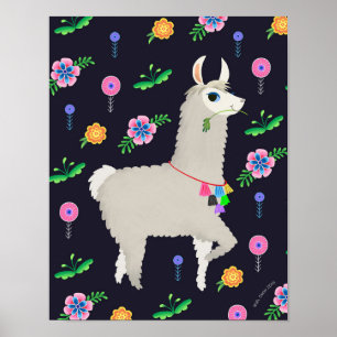 Llama med Flowers Art-utskrift Poster