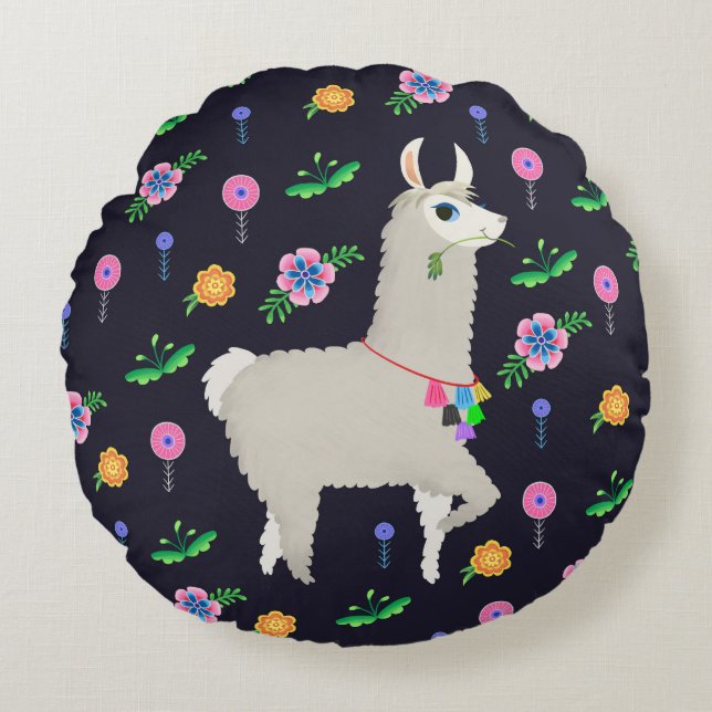 Llama med Flowers Rund Kudde (Framsidan)