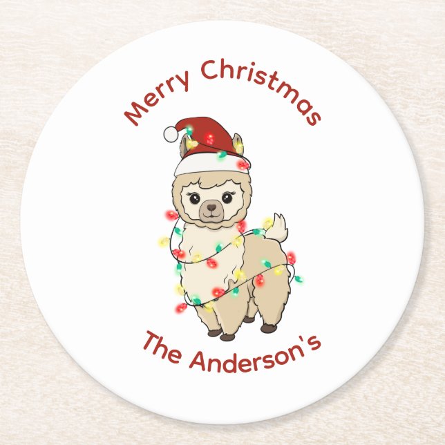 Llama med Ljus God jul Glad helg Underlägg Papper Rund (Framsidan)