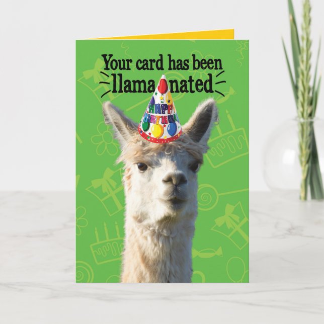 Llama med Party Hat-lamanerad födelsedag Kort (Framsida)